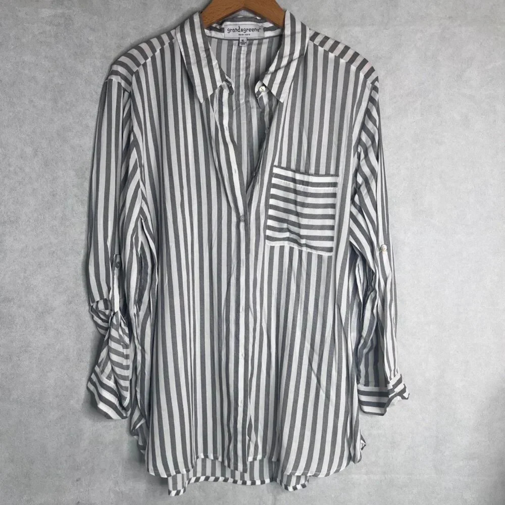 Grand & Greene Vertical Striped 3/4 Sleeve Button Up Tunic Top Size‎ XL - Picture 9 of 9